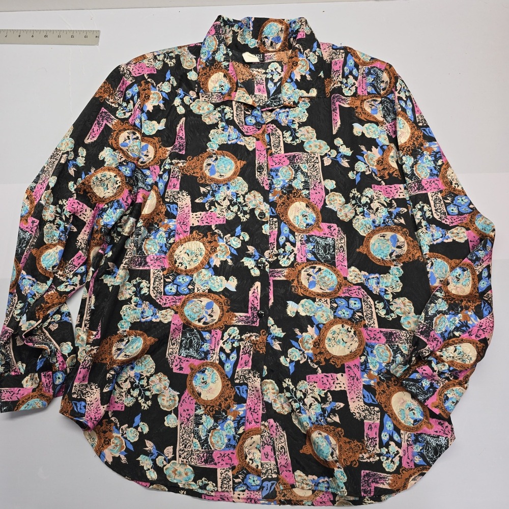 Lori of California Vintage 90s Baroque Floral Button Down Shirt Black Pink Blue